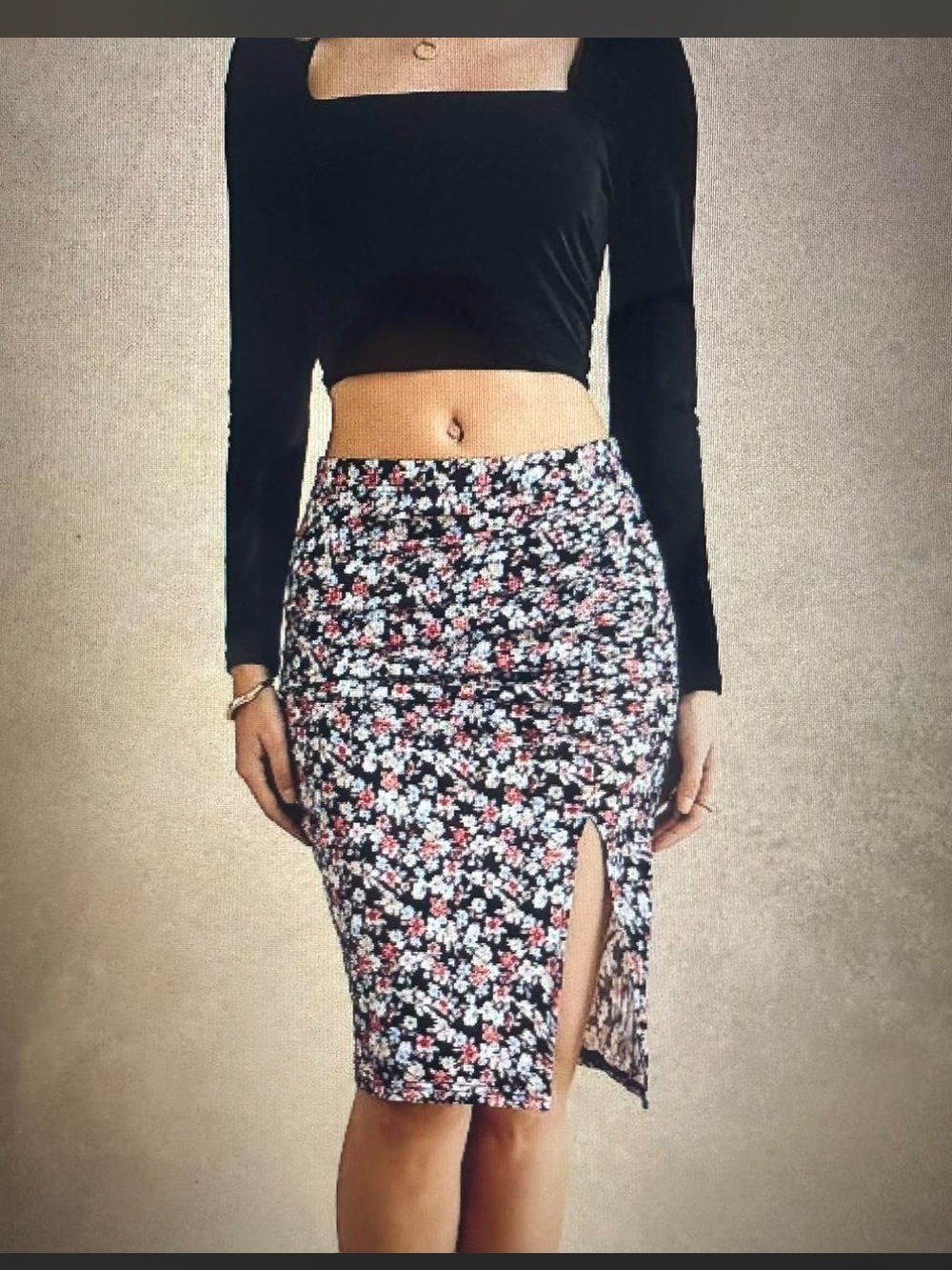 Floral Midi Pencil Skirt with Side Slit